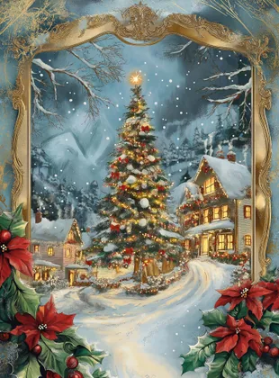 Biglietto con albero di Natale in un villaggio innevato