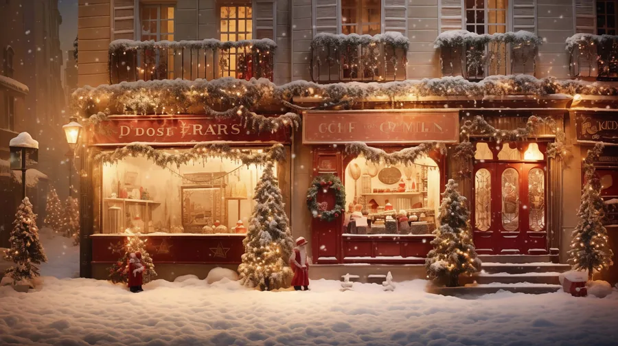 Verschneite Ladenfassaden mit Weihnachtsgirlanden