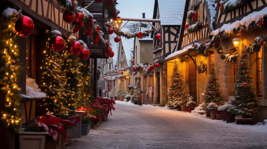 Snowy Christmas Village Street at Dusk