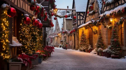 Strada di paese innevata a Natale al crepuscolo