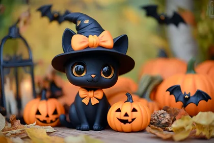 Black Cat Figurine and Toy Pumpkins