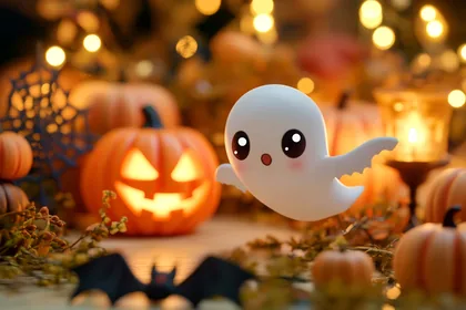 Toy Ghost Beside a Jack-o'-Lantern