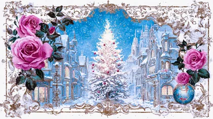 Illustratie van een besneeuwde straat met kerstboom