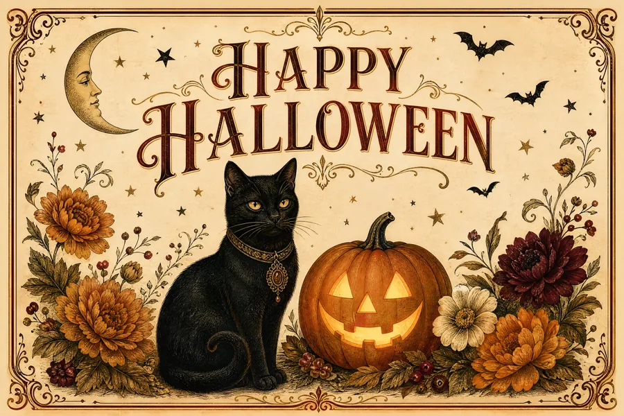 Vintage Halloween Card with Black Cat