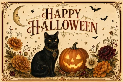 Vintage Halloween Card with Black Cat