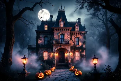 Illustrated Haunted House by Moonlight
