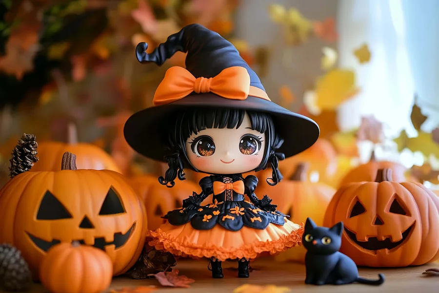 Witch Doll Among Jack-o'-Lanterns