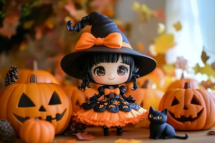 Witch Doll Among Jack-o'-Lanterns