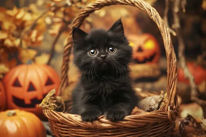 Black Kitten in a Wicker Basket