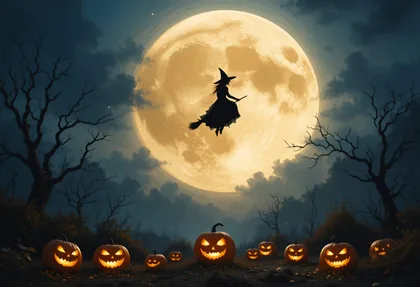 Illustrated Witch Crossing a Full Moon