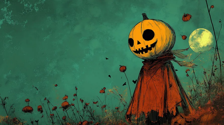 Pumpkin-Headed Scarecrow Under a Full Moon