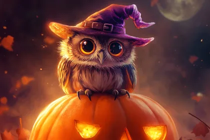 Illustrated Owl in a Witch Hat