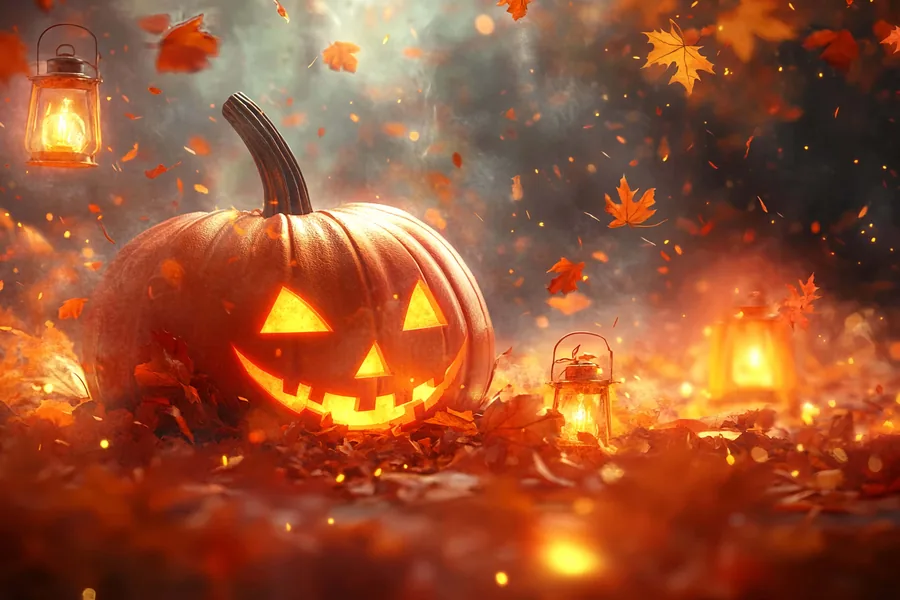Illustrated Jack-o'-Lantern Among Old Lanterns