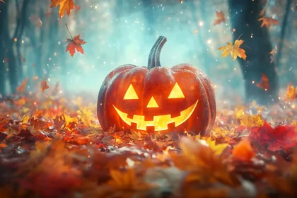 Illustrated Jack-o'-Lantern in Autumn Leaves