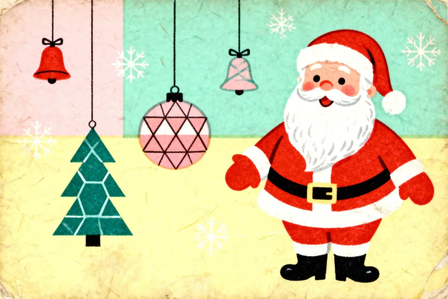 Santa Claus v retro stylu s baňkami a zvonky
