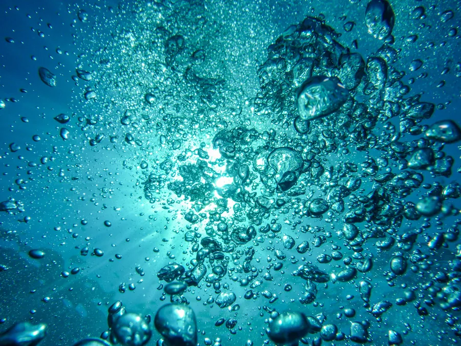 Air Bubbles Rising Through Sunlit Water
