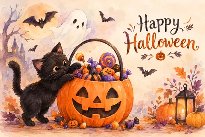 Black Kitten and Pumpkin Candy Basket