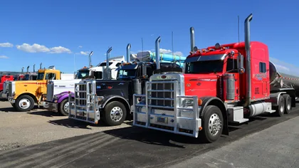 A Line of Parked Semi Trucks