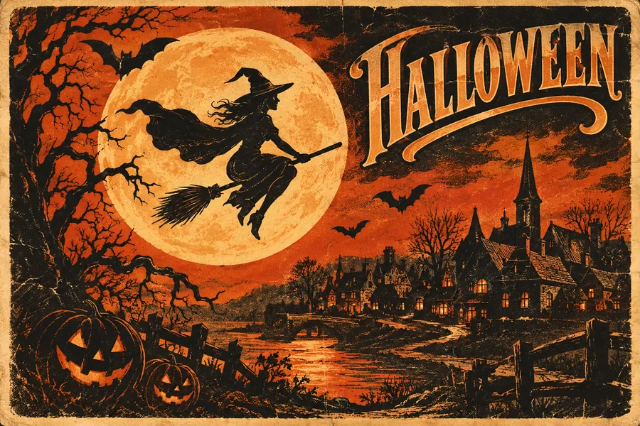Postal antigua de una bruja cruzando la luna