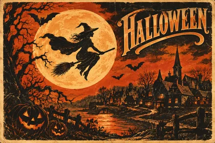 Vintage Witch Across the Moon Postcard