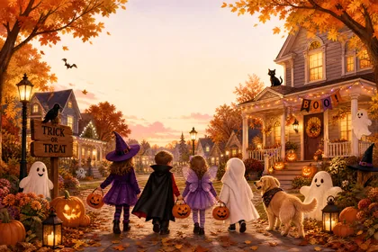 Trick or Treat Children on an Autumn Street