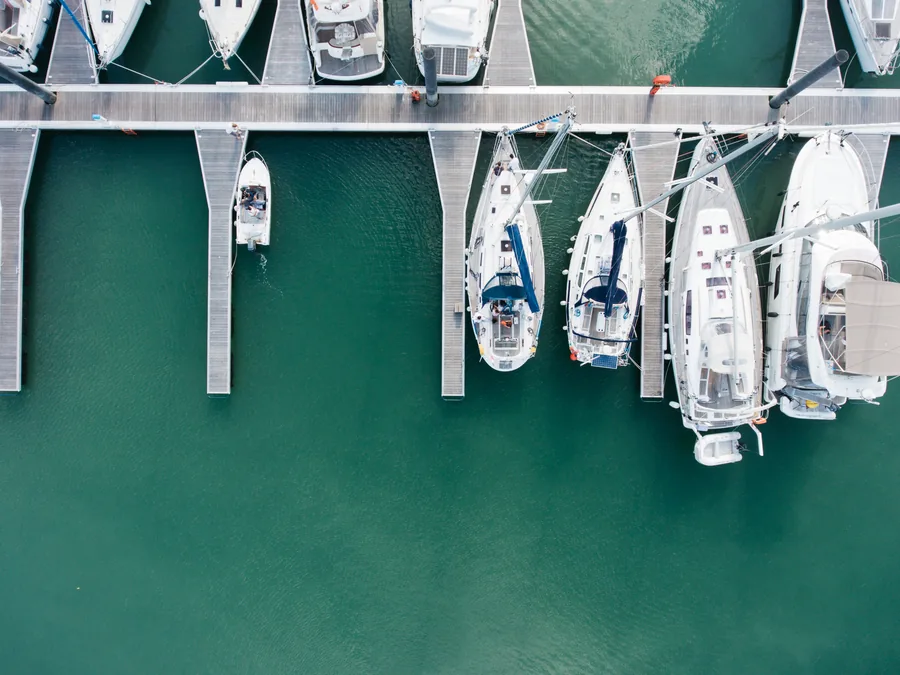 Aerial View of Yachts Moored at Marina