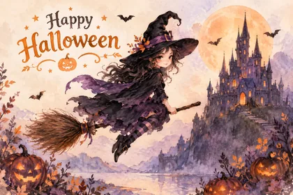 Witch on a Broom Past a Castle